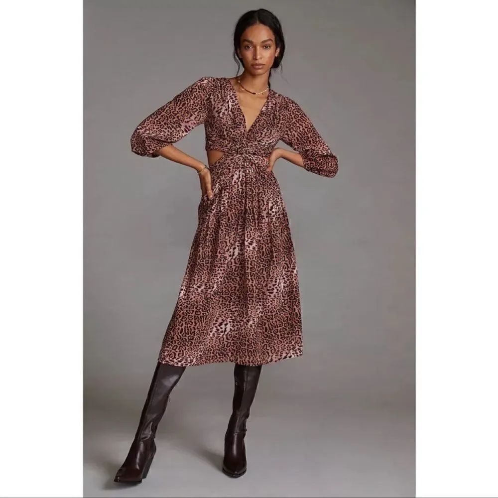 NWT Ranna Gill Anthropologie Floral Cutouts Leopard Print Midi Dress Size XS